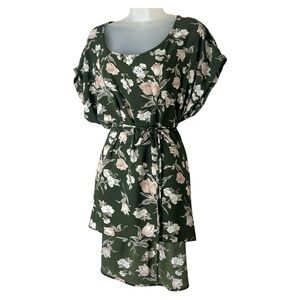 Libian Floral Cinch Waist Tie Back Dolman Sleeve High Low Mini Dress Green 3X